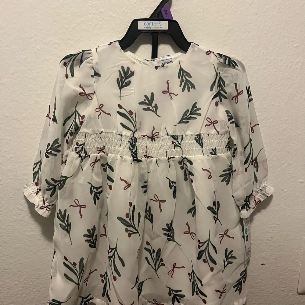 Carter's White Dress with Green Leaf and Red Berry Print